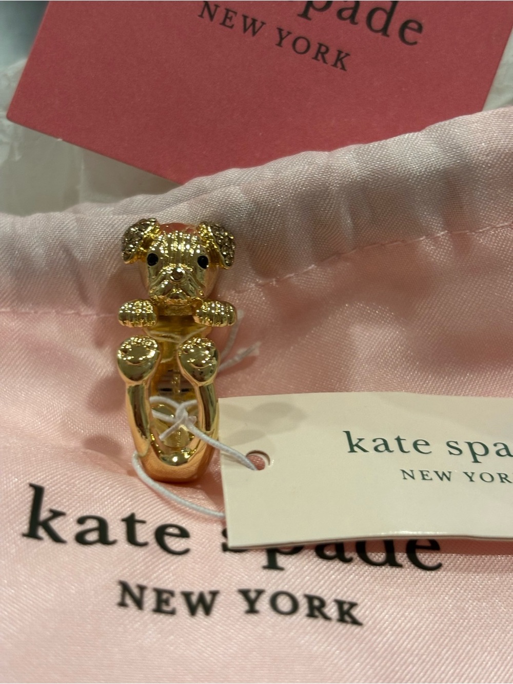 Kate Spade gold-tone puppy ring crystal-studded ears and black eye  NWT dustbag